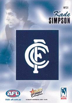 2007 Select AFL Champions Signature Series - Holographic Foils #HF31 Kade Simpson Back